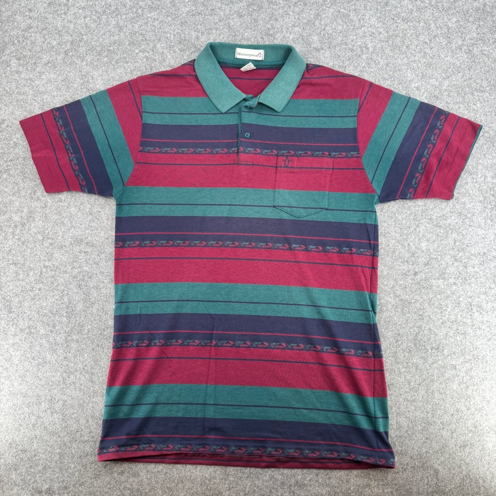 Munsingwear Polo Shirt Mens L Vintage 90s Teal Striped Pocket EUC